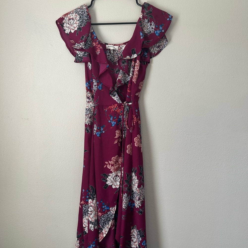 Monteau Burgundy Floral Ruffle Midi Dress